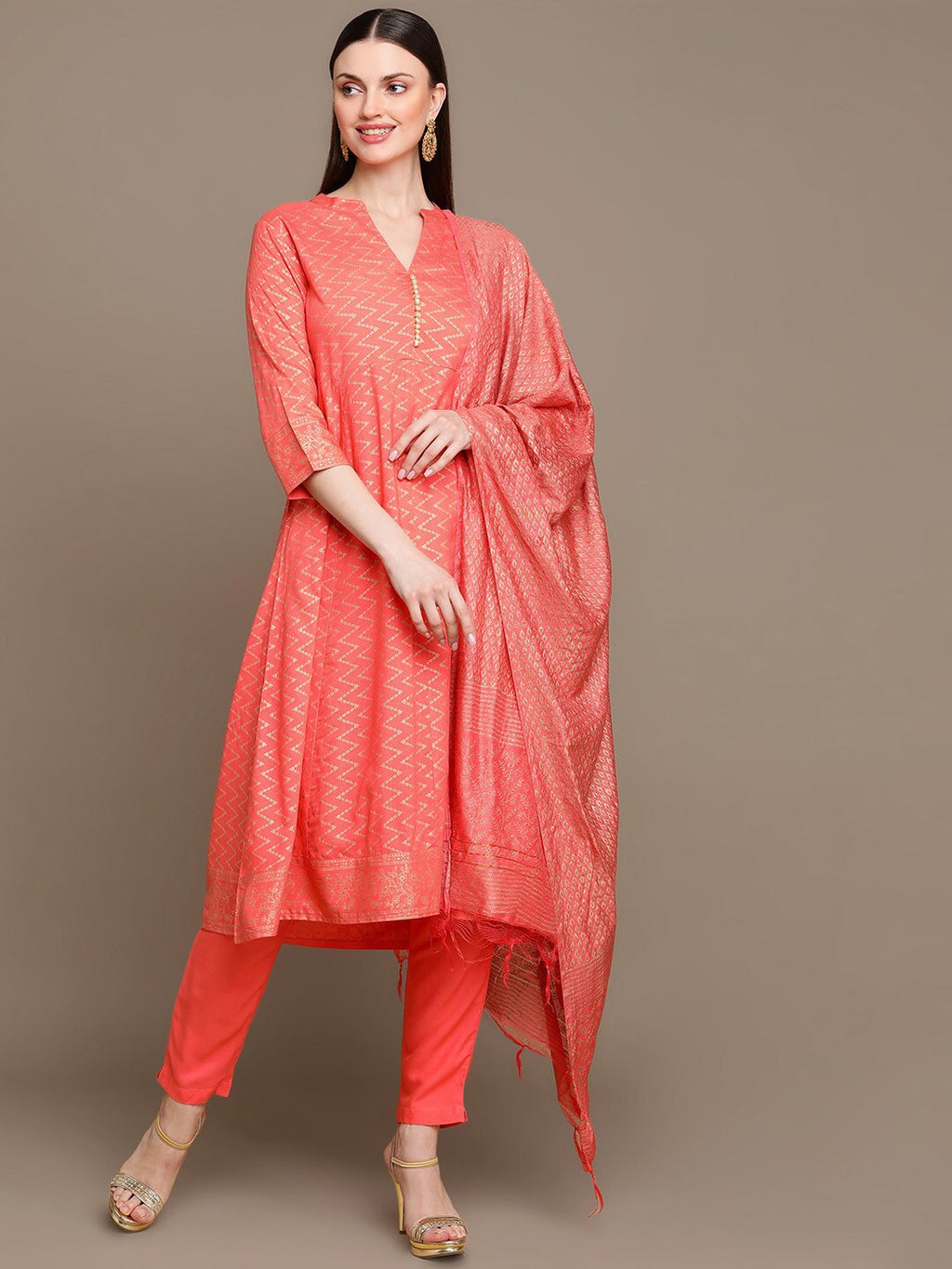 HERE&NOW Chevron Printed Kurta with Trousers & Dupatta