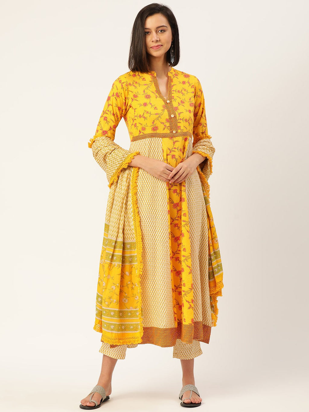 HERE&NOW Women Yellow Floral Printed Empire Kurta with Trousers & Dupatta