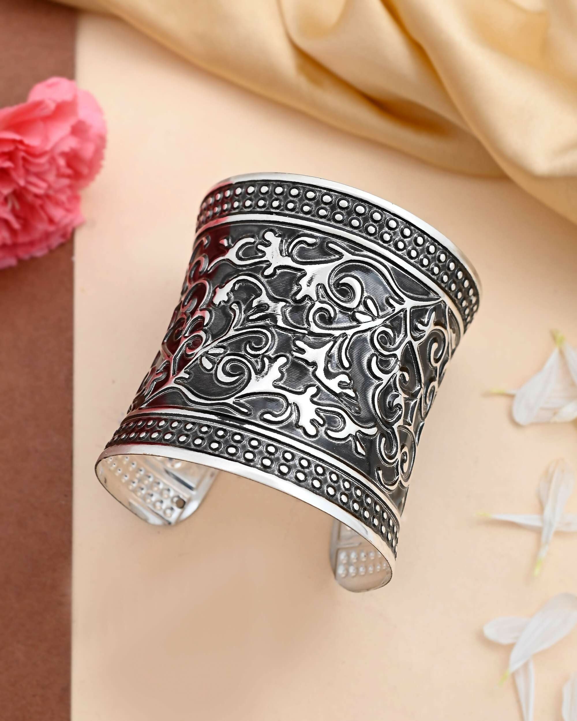VOJ Silver Plated Oxidised Cuff Bracelet