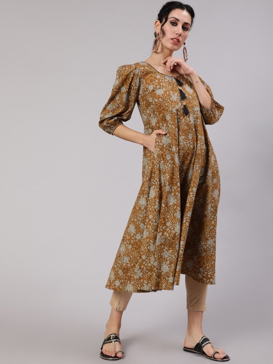 Aks Floral Printed Puff Sleeves Cotton Anarkali Kurta