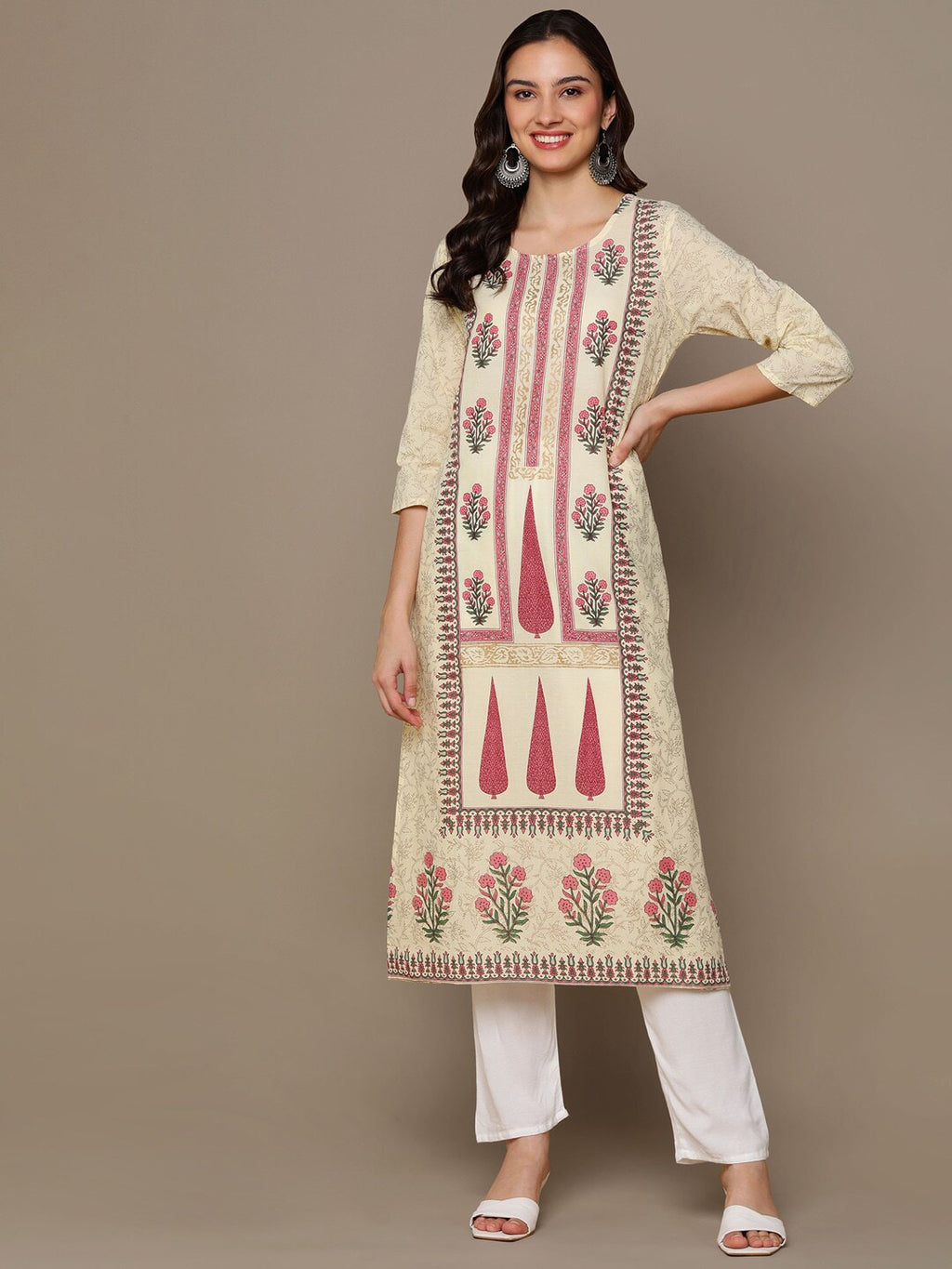 HERE&NOW Cream-Color & Pink Floral Printed Straight Kurta