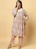 Sztori Plus Size Floral Printed V- Neck Pleated Pure Cotton A-Line Kurta With Lace Detail