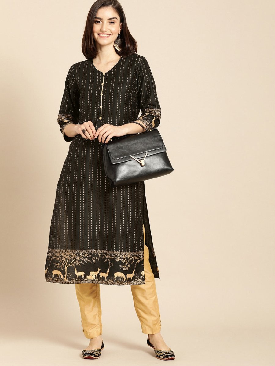 All About You Women Black & Gold Striped Regular Kurta with Trousers