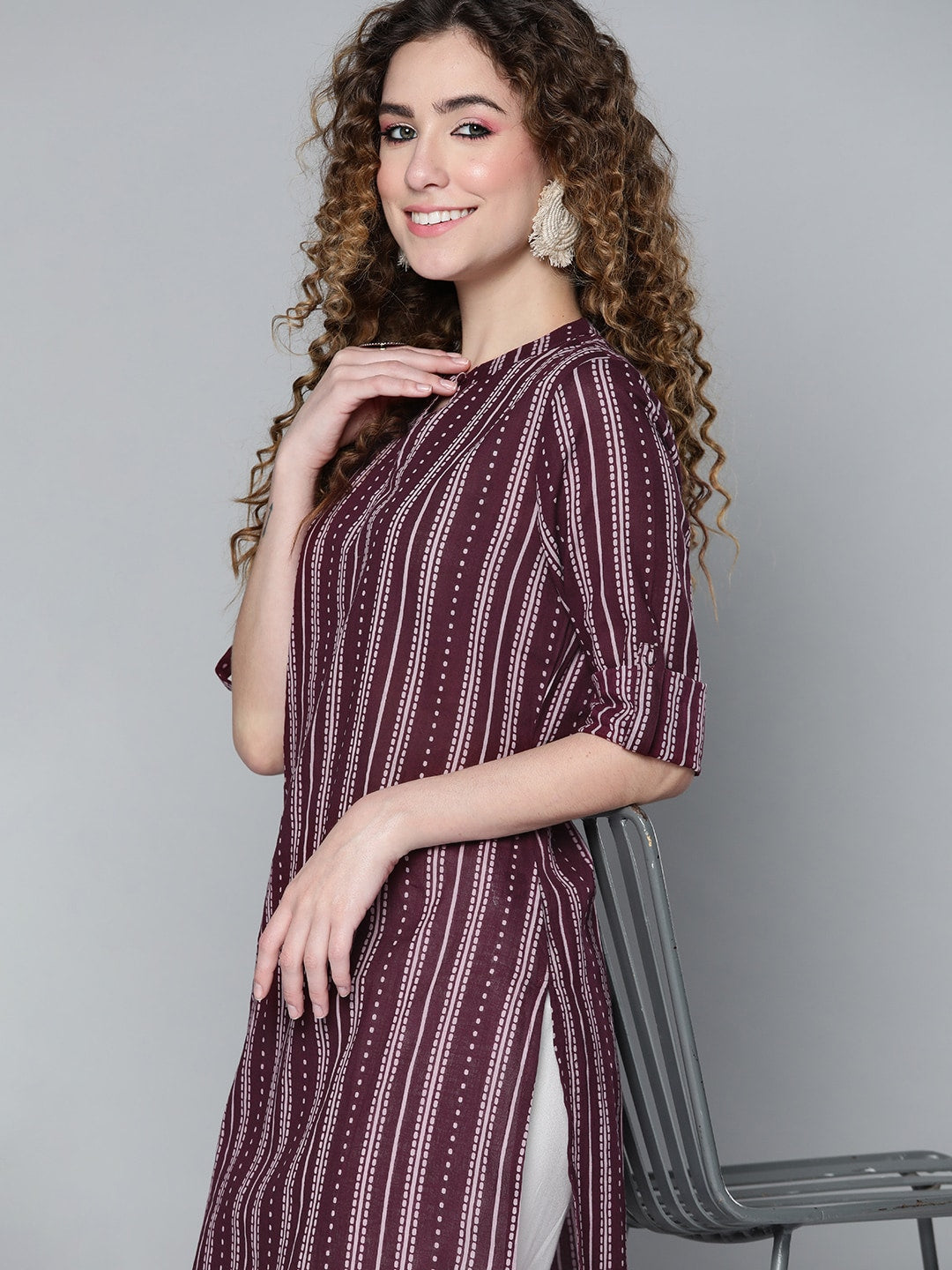 HERE&NOW Women Burgundy & White Printed Kurta