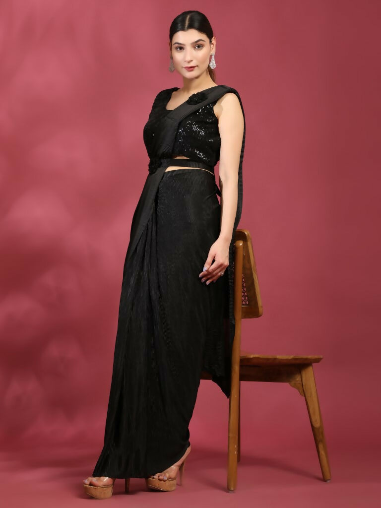 Black Imported Crush Lycra Texture Pattern Ready to Wear Saree with stitched Blouse - Nirvana