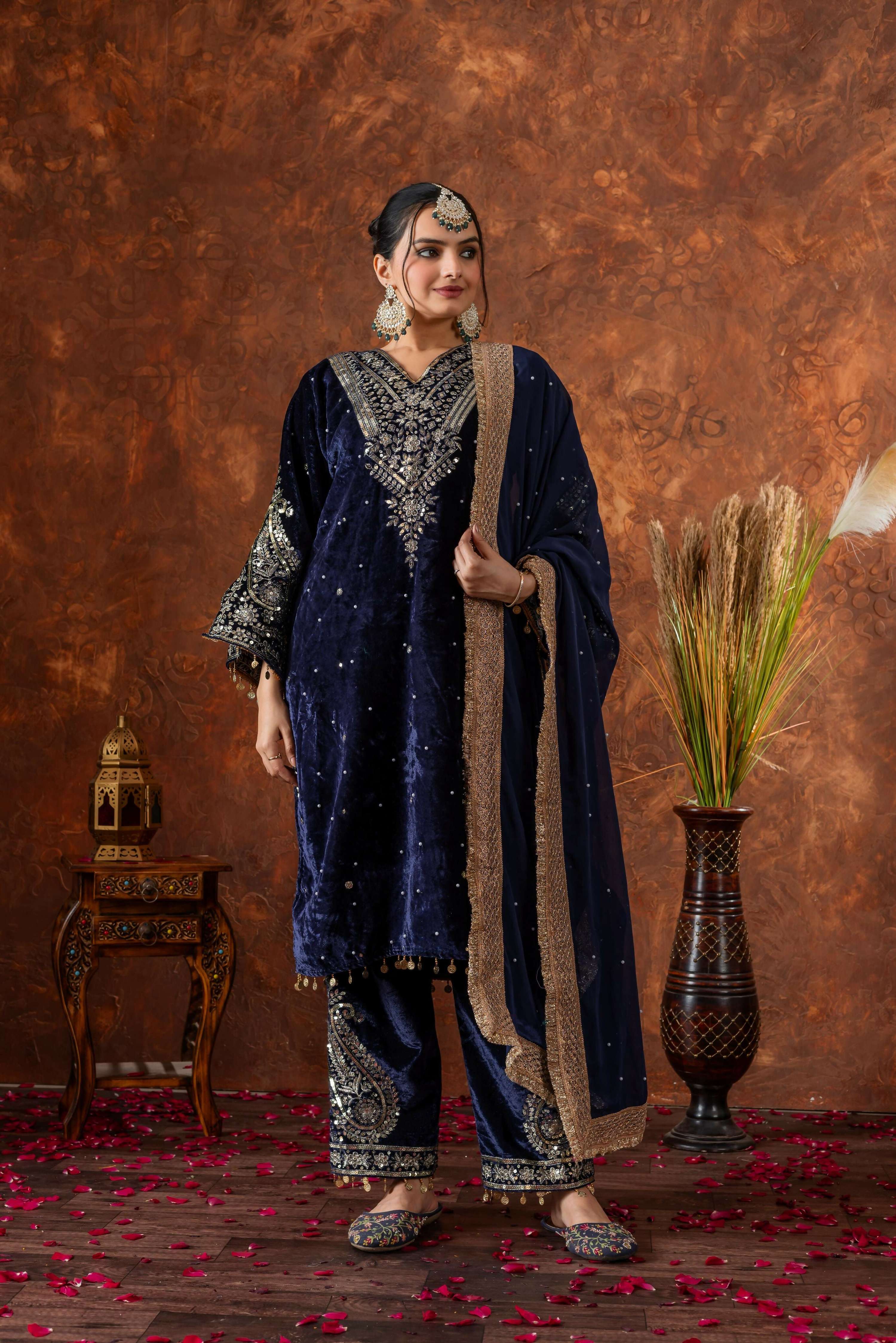 Joban Fashion deep navy blue Velvet Embroidery Kurta Set