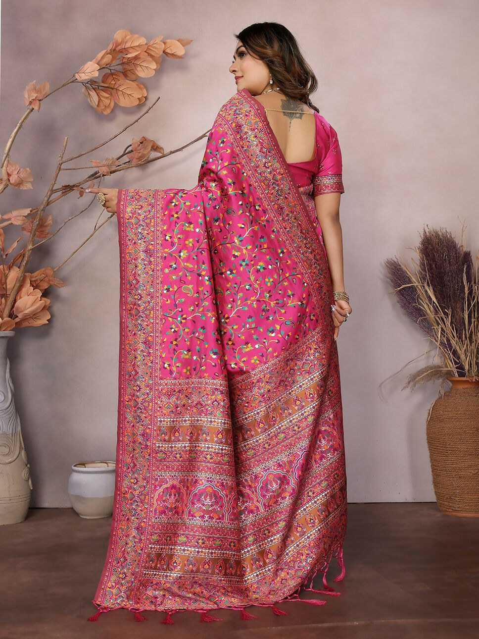 Joban Fashion Rani Pink Meena Weaves Pashmina Sarees