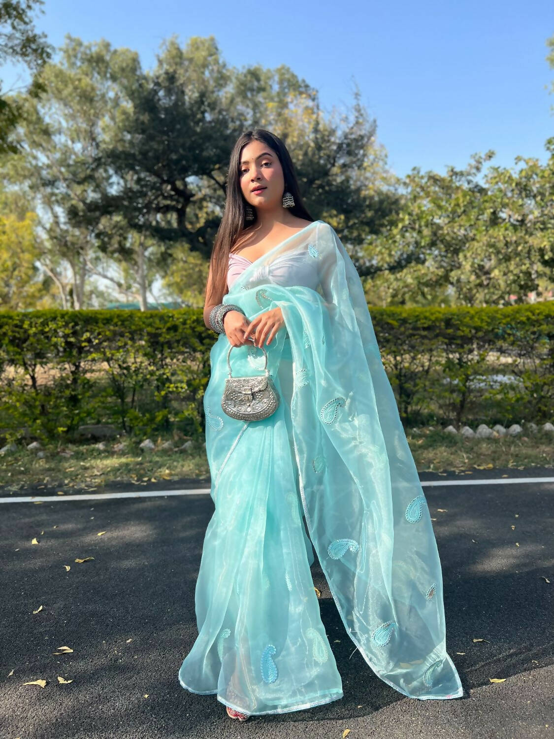 Vamsee Sky Blue Organza Saree