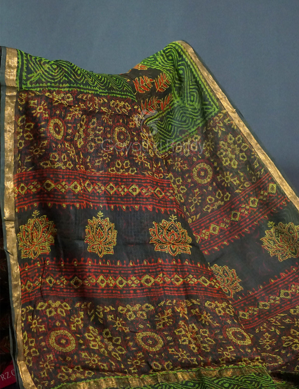 Combo of Green, Red And Yellow Colour Block Print Pure Kota Doria Printed Saree By Gayathri Reddy Designer Studio
