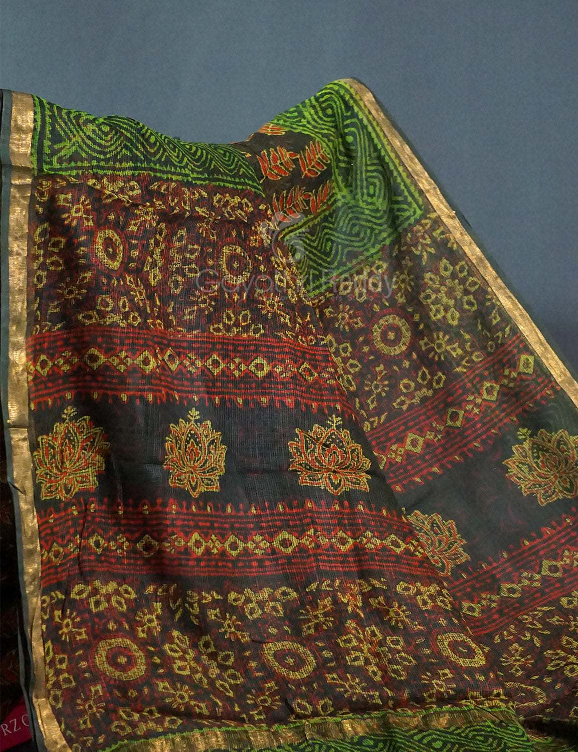 Combo of Green, Red And Yellow Colour Block Print Pure Kota Doria Printed Saree By Gayathri Reddy Designer Studio
