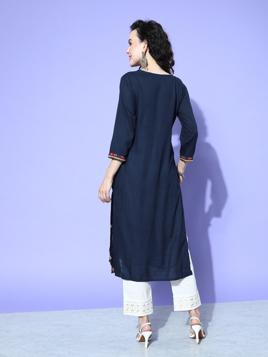 All About You Women Blue Embroidered Regular Mirror Work Liva Kurta with Trousers