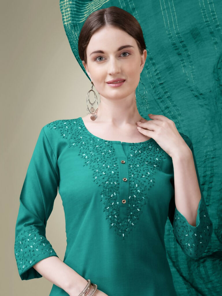 Jyoti Fashion Women's Teal Cotton Blend Embroidery & Sequence work Kurta with Trouser & Dupatta