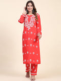 HOUSE OF KARI Floral Embroidered Chikankari Pure Cotton Straight Kurta With Trousers