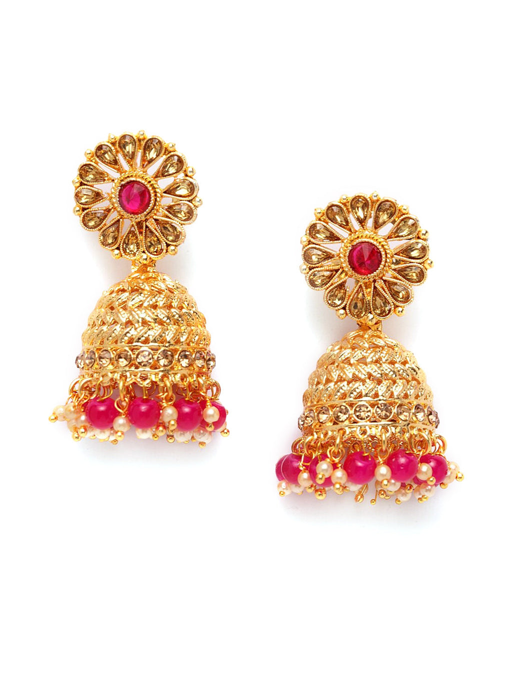 Shining Diva Gold-Polished Pink Dome Shaped Jhumkas