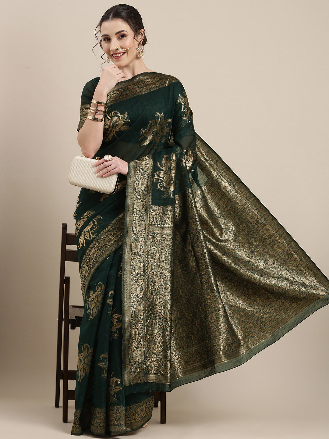 Saree Mall Green Floral Linen Blend Banarasi Saree