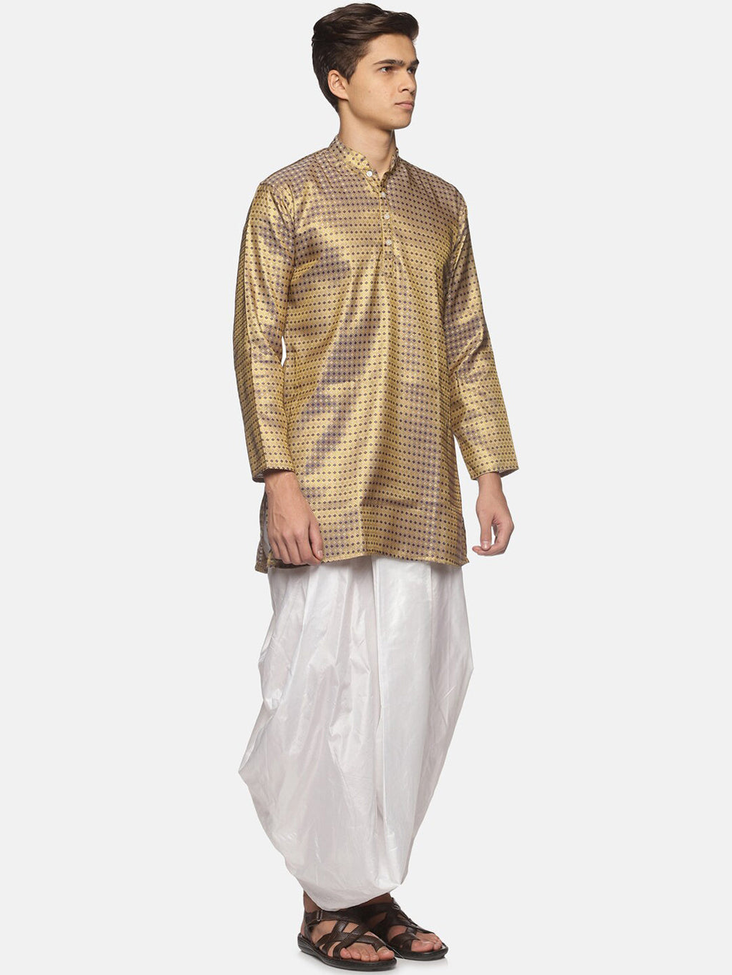 Sethukrishna Men Gold-Toned Bandhani Printed Art Silk Kurta with Dhoti Pants