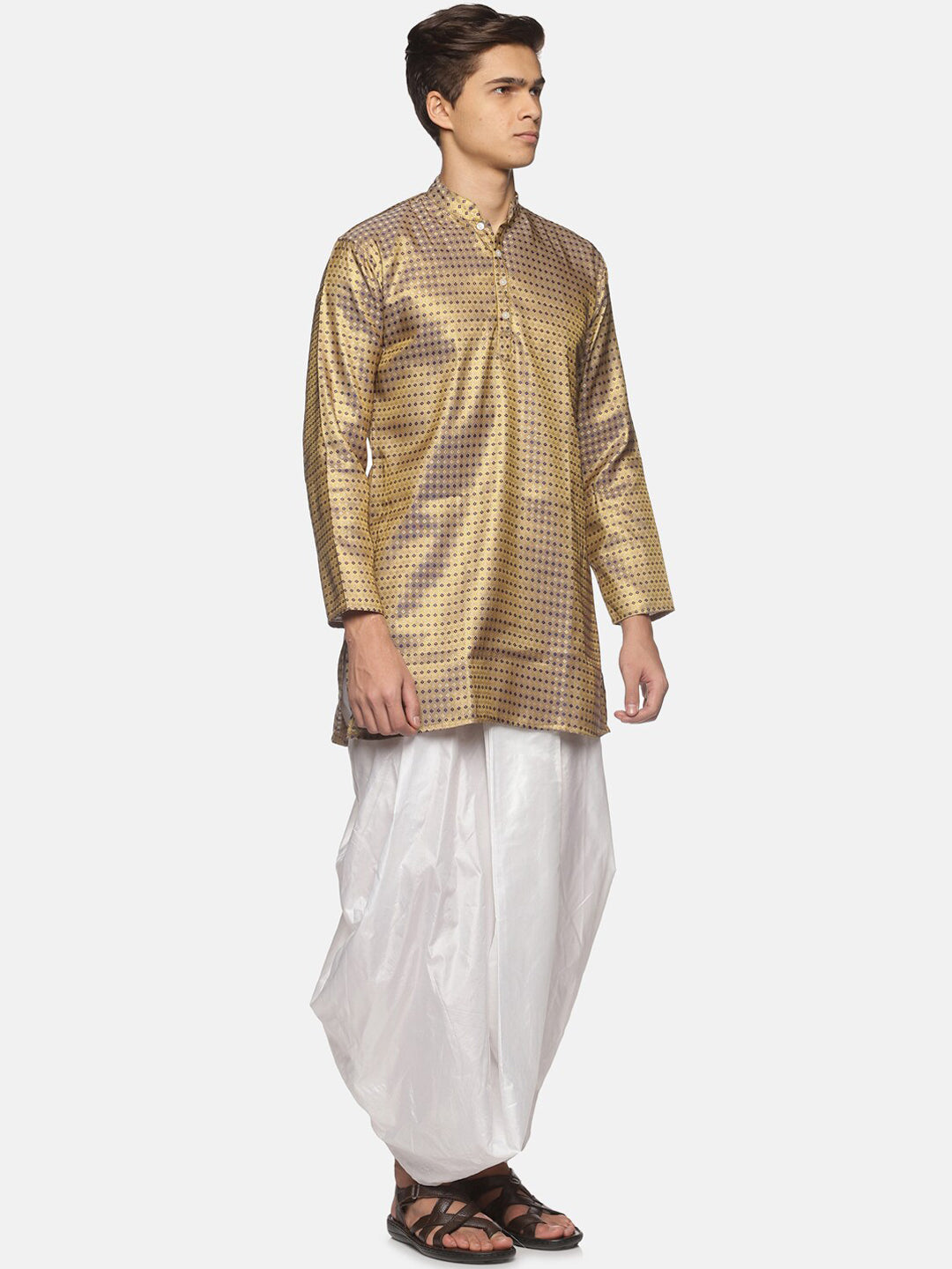 Sethukrishna Men Gold-Toned Bandhani Printed Art Silk Kurta with Dhoti Pants