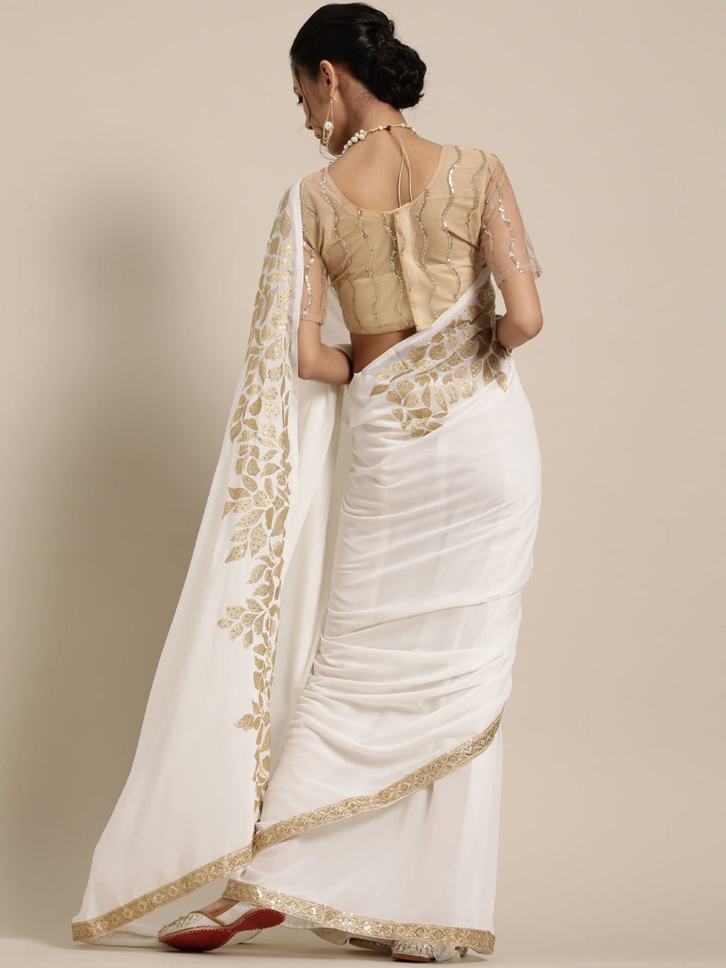 Saree Mall White & Golden Floral Muga Saree