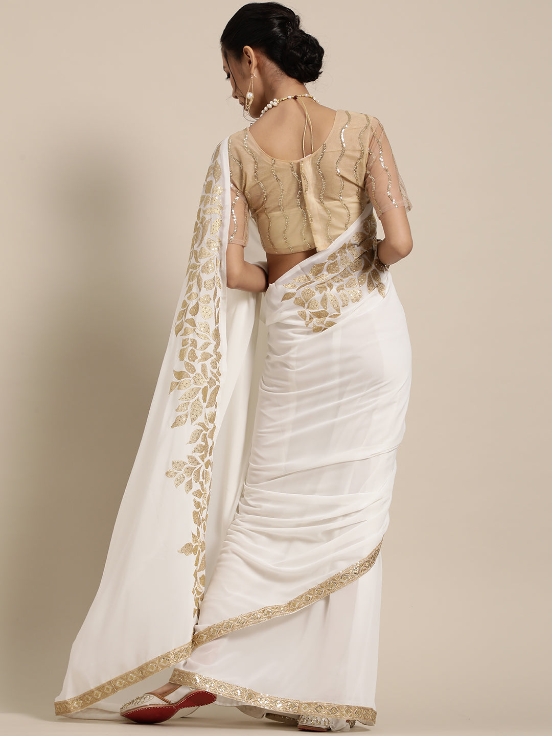 Saree Mall White & Golden Floral Muga Saree