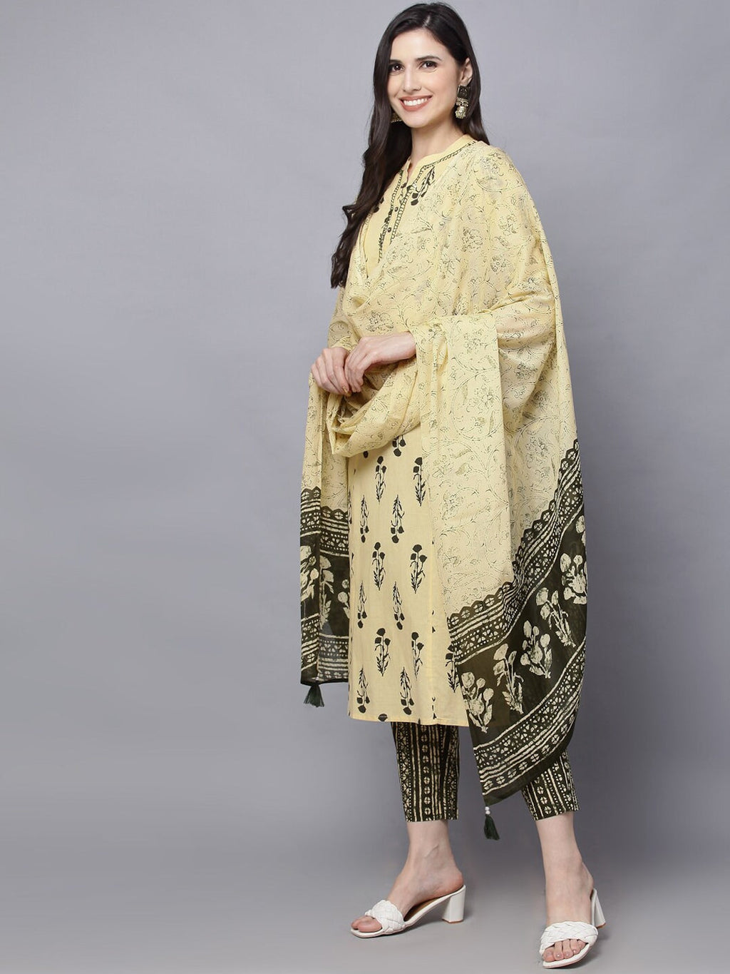 HERE&NOW Women Yellow Ethnic Motifs Printed Pleated Pure Cotton Kurti with Trousers & With Dupatta