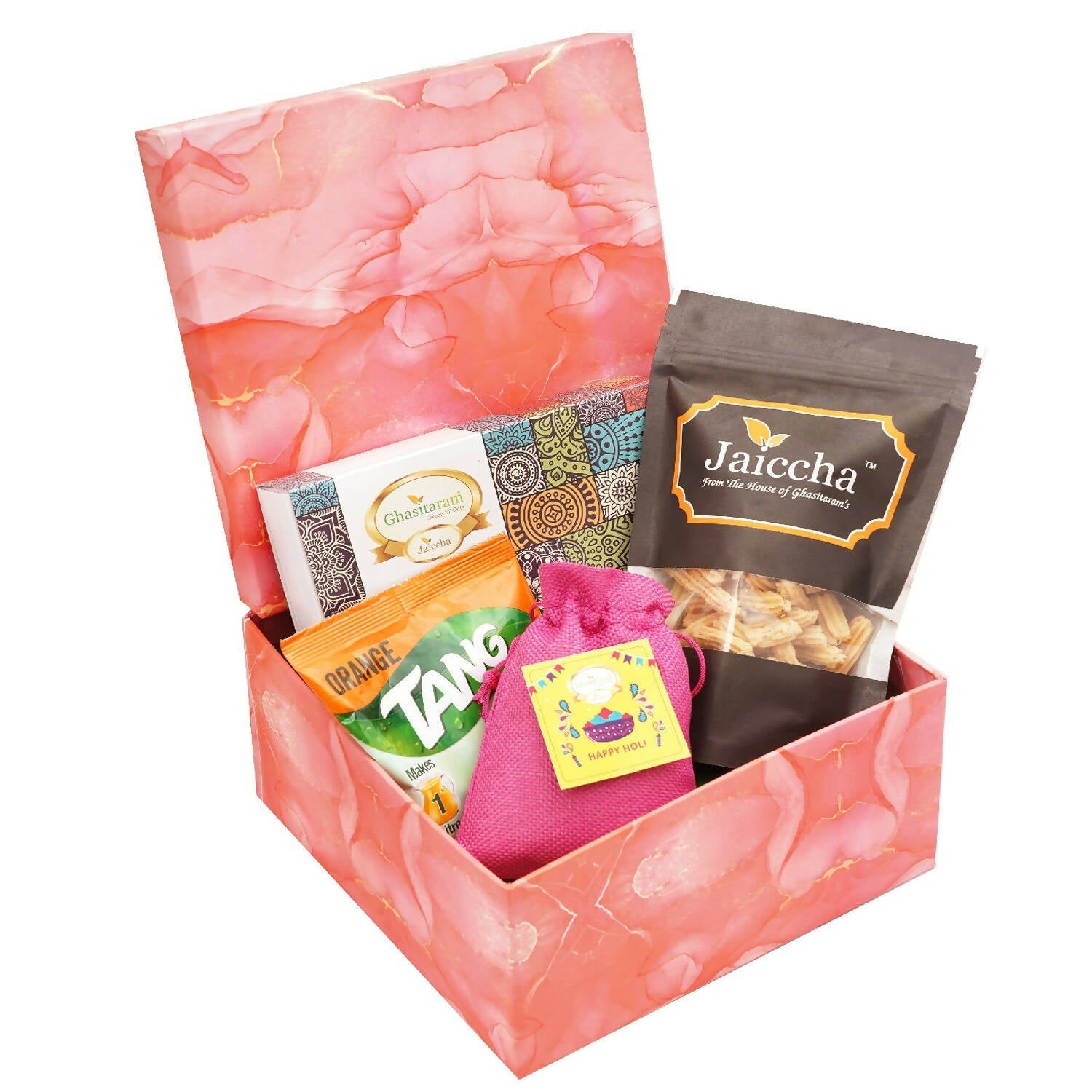 Ghasitaram Colourful Holi Box of Gujiyas, Butter Chakli, and Thandai