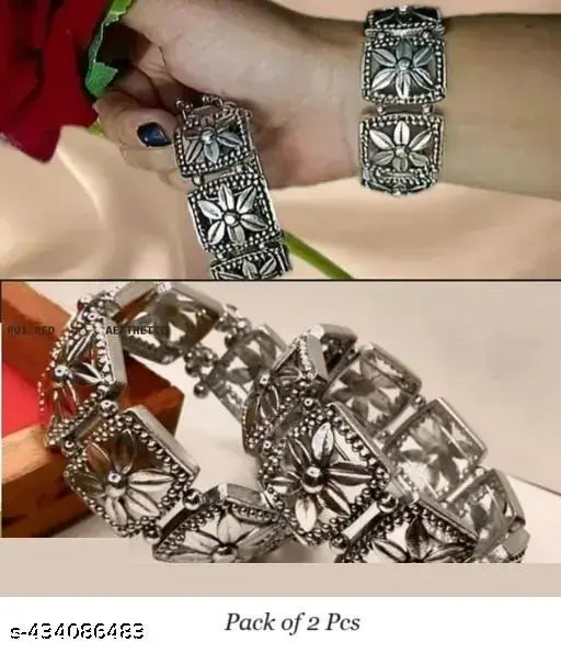 Tehzeeb Creations Women's Silver Plated Oxidised Bangle Set