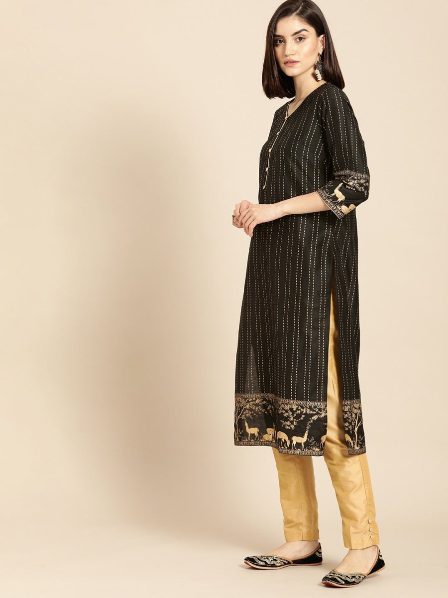 All About You Women Black & Gold Striped Regular Kurta with Trousers