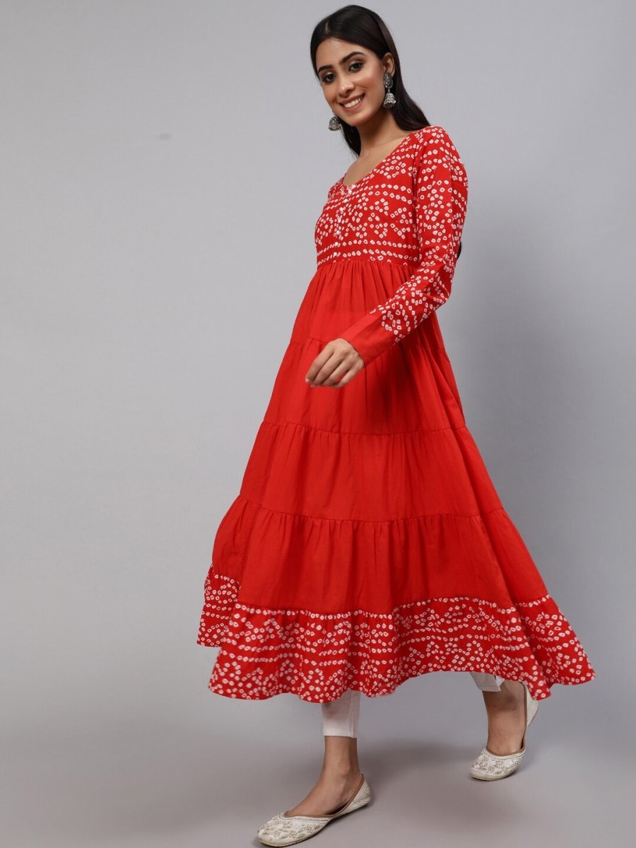 Aks Bandhani Yoke Design Long Sleeves Cotton Anarkali Kurta