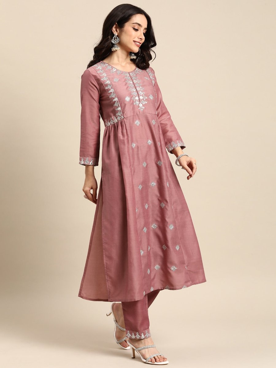 All About You Ethnic Motifs Embroidered Pleated Sequinned Kurta with Trousers