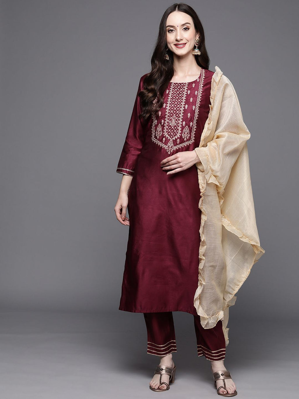 Indo Era Women Magenta Ethnic Motifs Embroidered Kurta with Trousers & With Dupatta