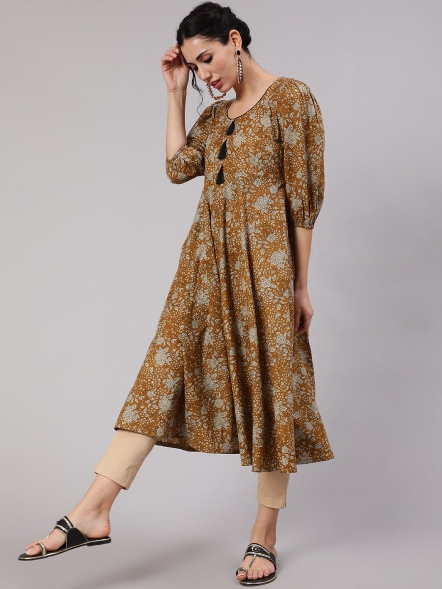 Aks Floral Printed Puff Sleeves Cotton Anarkali Kurta