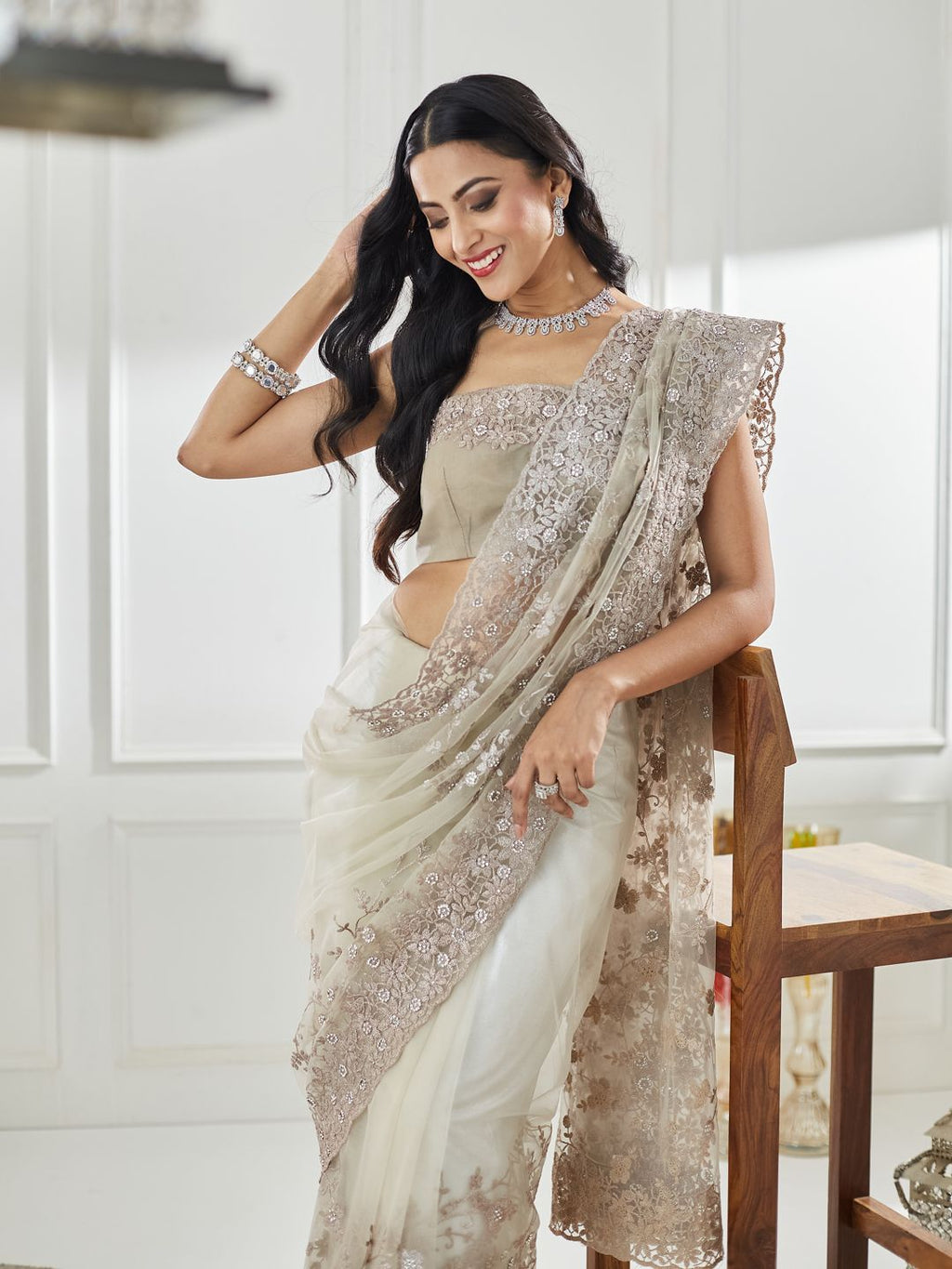 kasee Floral Embellished Beads and Stones Net Saree