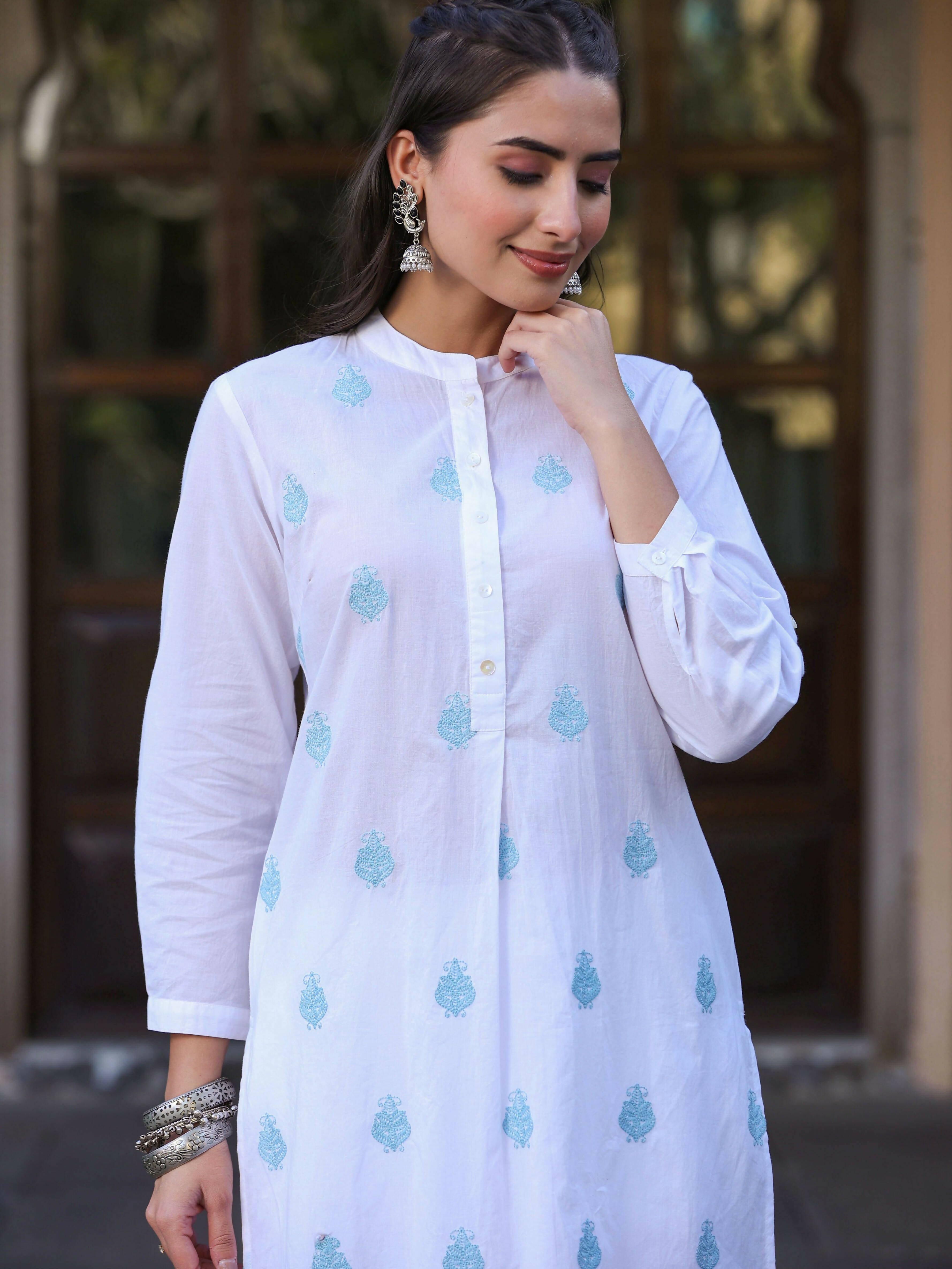 Juniper Women's White Cambric Printed Straight Kurta