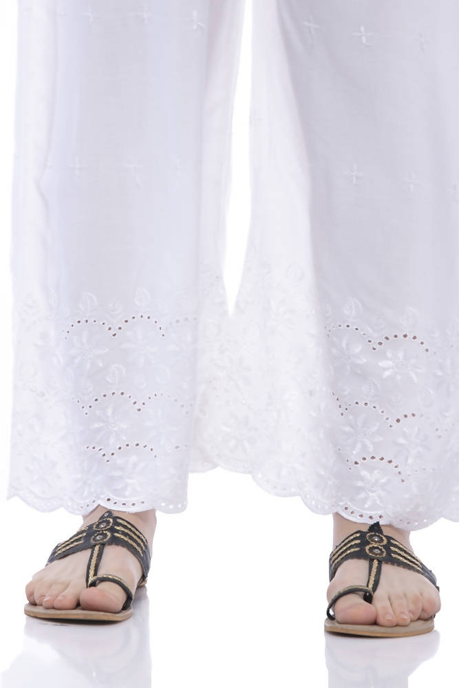 Mominos Fashion Rayon Cotton White Embroidery Chikan Palazzo