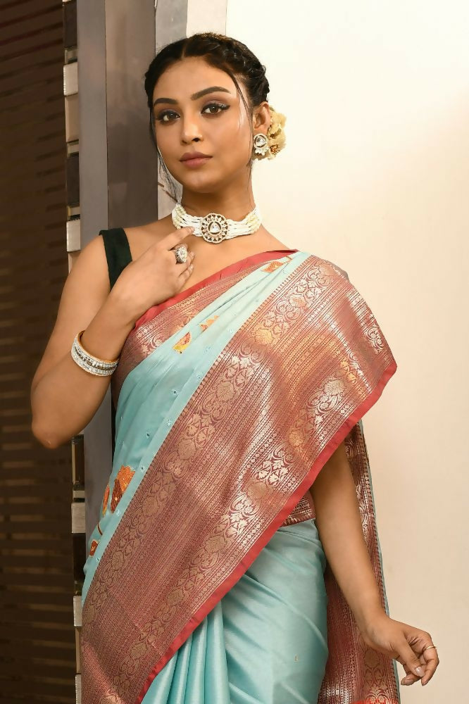 Joban Fashion CGren & Orange Saree Kataan Applick Witch Mirror