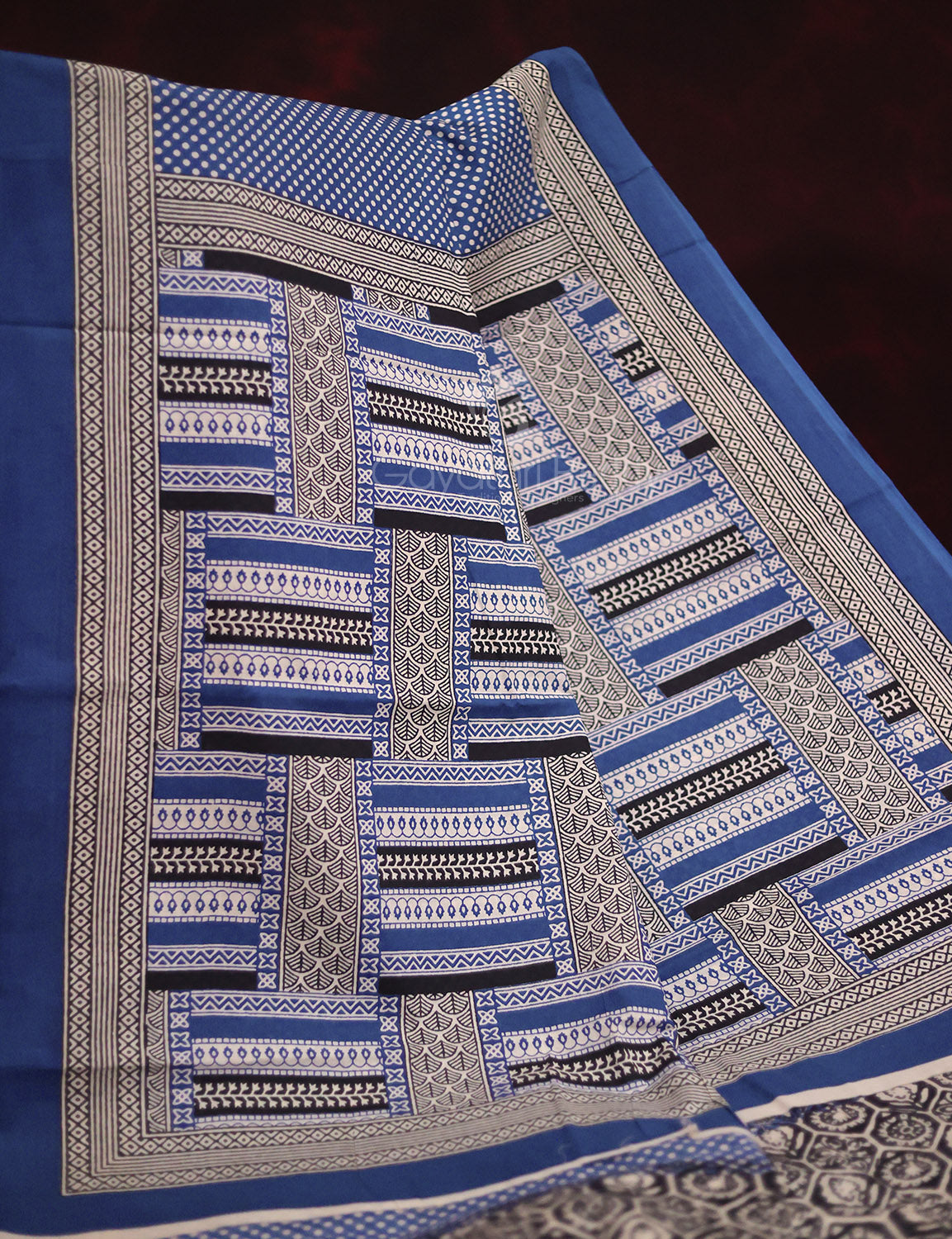 Blue Colored Block Print Cotton Saree By Gayathri Reddy Designer Studio