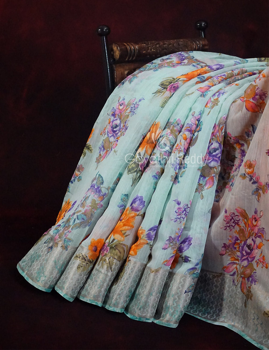 Shades of Sky Blue With Orange Blouse Floral Design Semi Chanderi Saree By Gayathri Reddy Designer Studio
