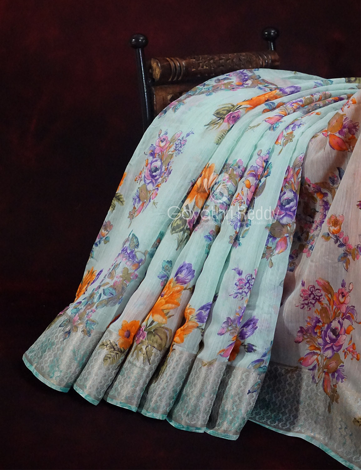 Shades of Sky Blue With Orange Blouse Floral Design Semi Chanderi Saree By Gayathri Reddy Designer Studio