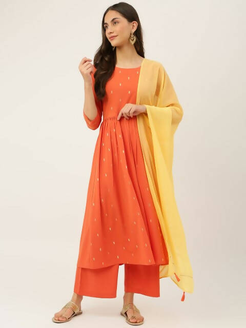 FIORRA Women's Orange Poly Crepe Flared Kurta With Dupatta
