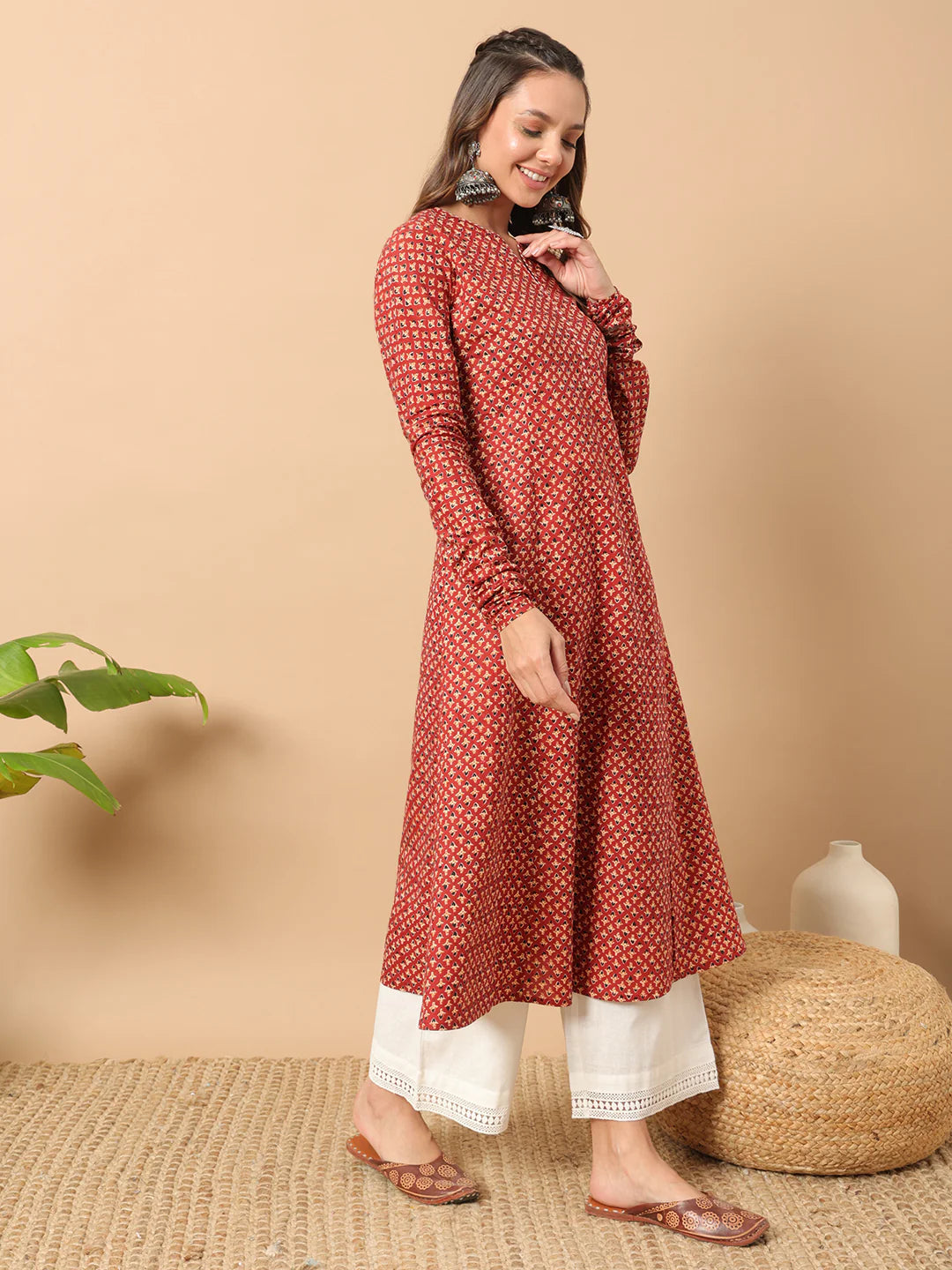 FIORRA Women's Floral Printed Red Cotton A-Line Kurta