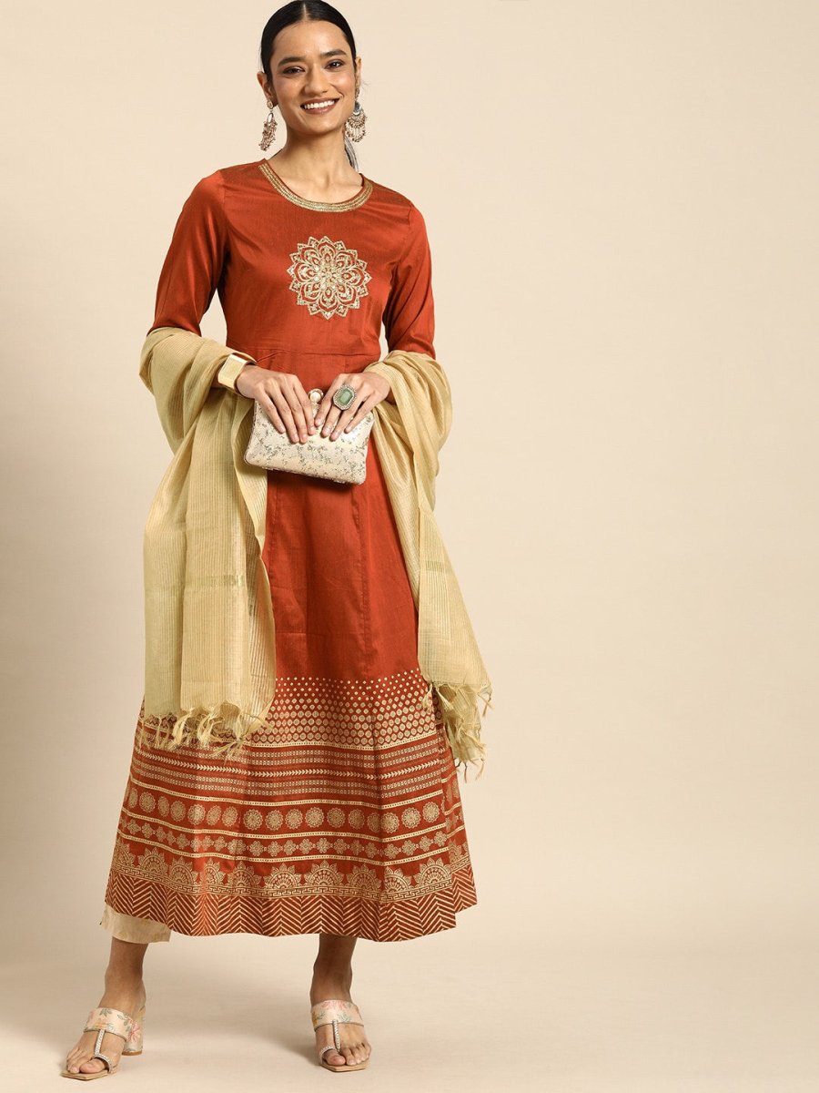 All About You Women Orange& Cream Embroidered Kurta with Dupatta