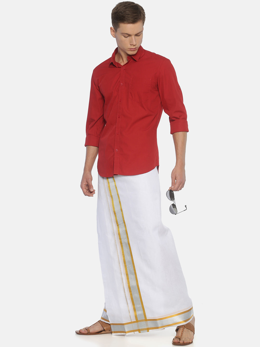 Sethukrishna Men White Solid Double Layer Readymade Pocket Dhoti