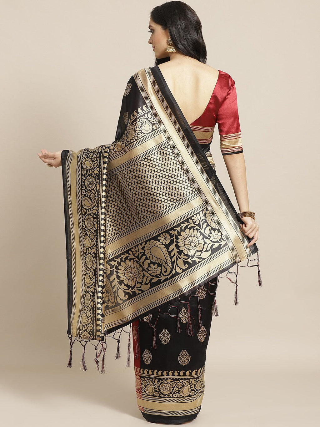 Saree Mall Black & Red Half & Half Printed Saree