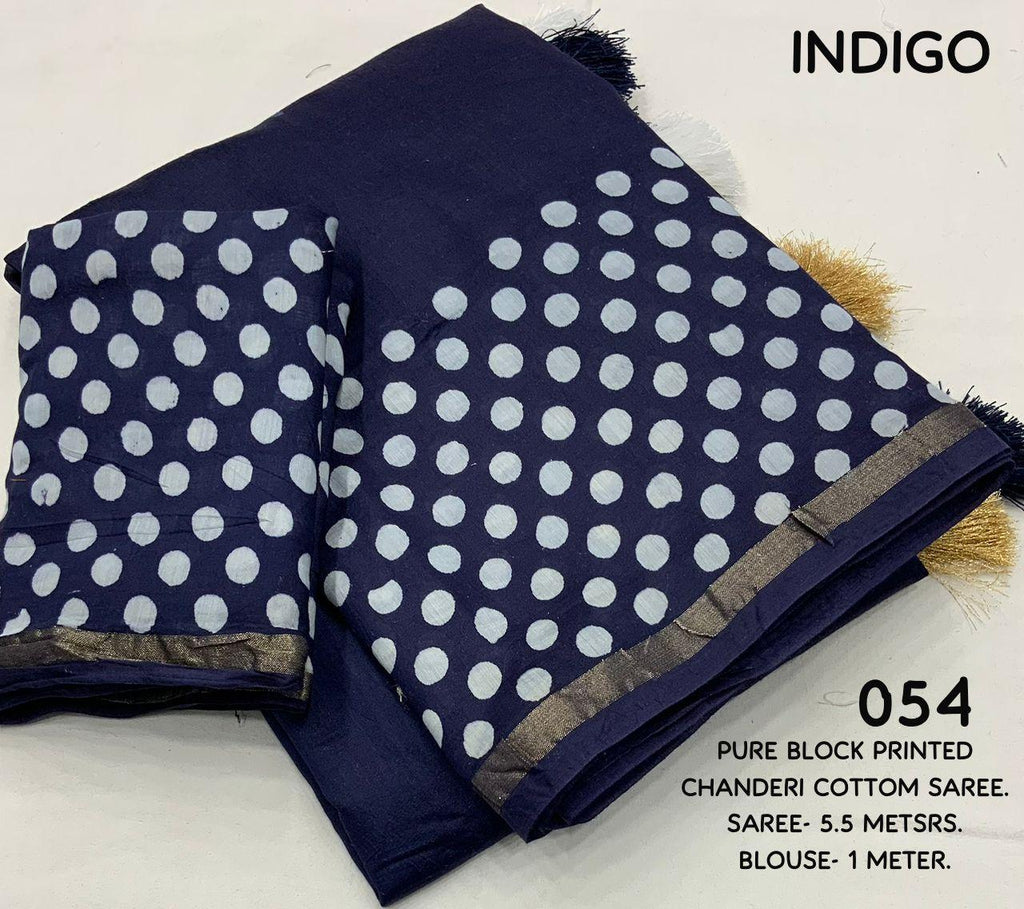 Blue Pure Chanderi Hand Block Saree with Unstitched Blouse - Hiral Fashion
