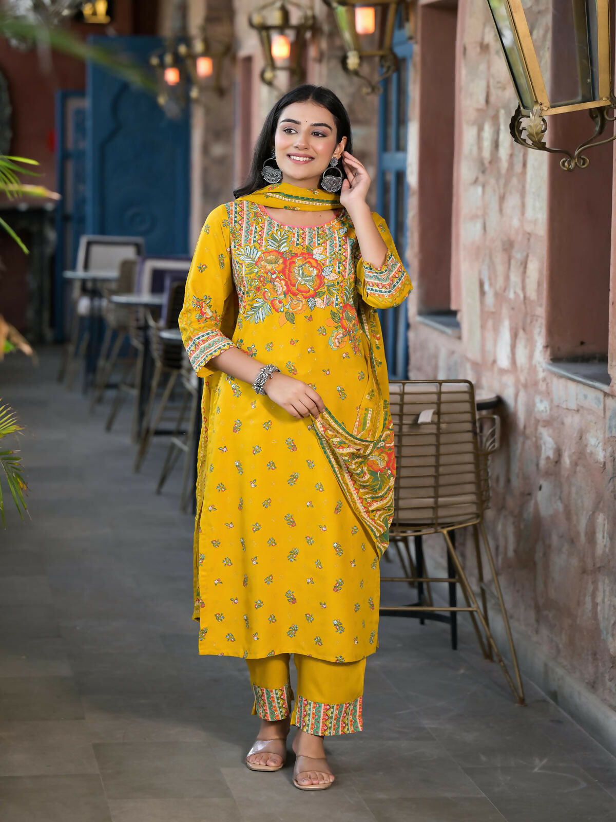 Juniper Women's Mustard Floral Printed Liva Rayon Kurta Pant And Dupatta Set With Sequins