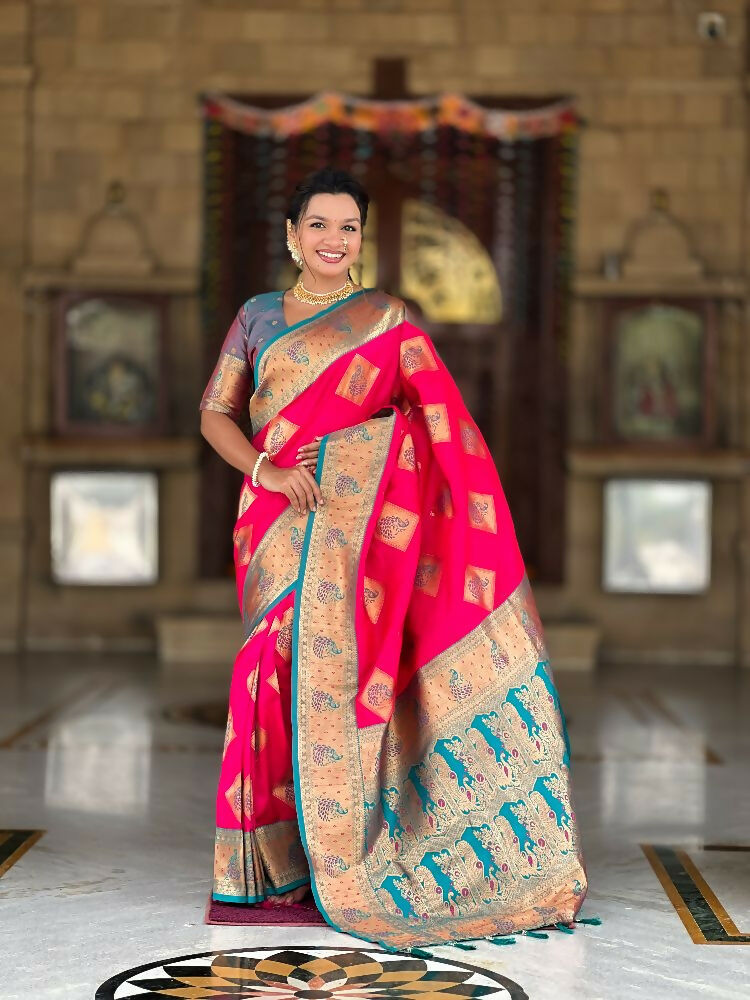 PR Fashion Rani Pink Soft Banarasi Silk With Zari Weaving Meenakari Design Saree