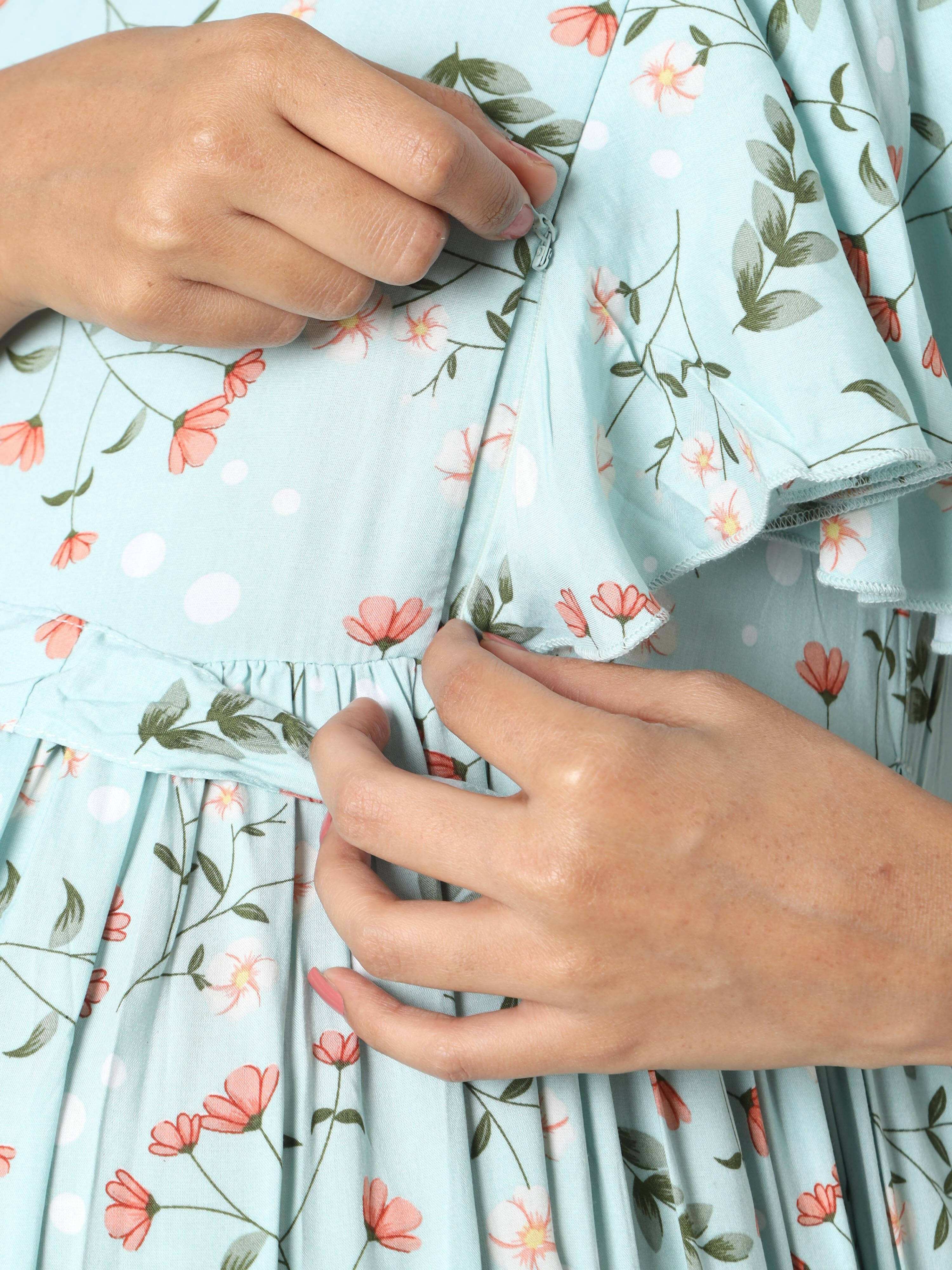 Manet Frill With Sleeve Maternity Dress Floral Print With Concealed Zipper Nursing Access - Green