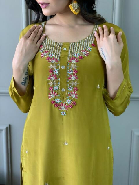 The52 Mustard Gorgeous Embroidered Viscose Chanderi Fabric Straight Kurta Pant with Dupatta Set