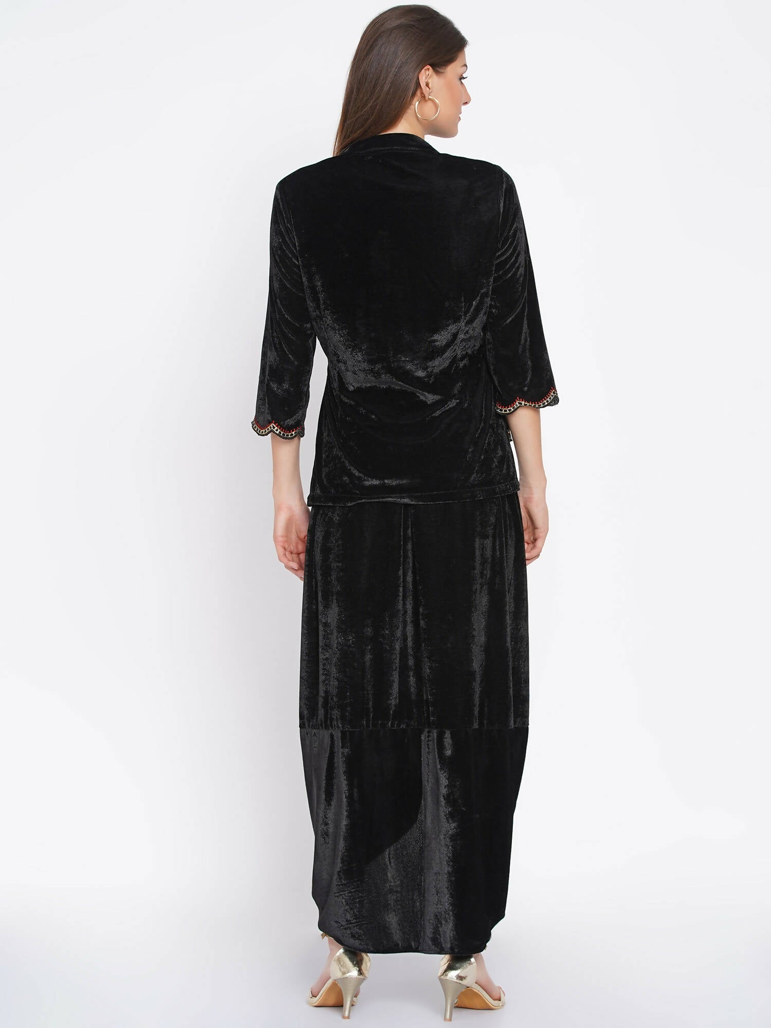 Women Republic Black Velvet Embroiderd Koti With Dhoti Pants
