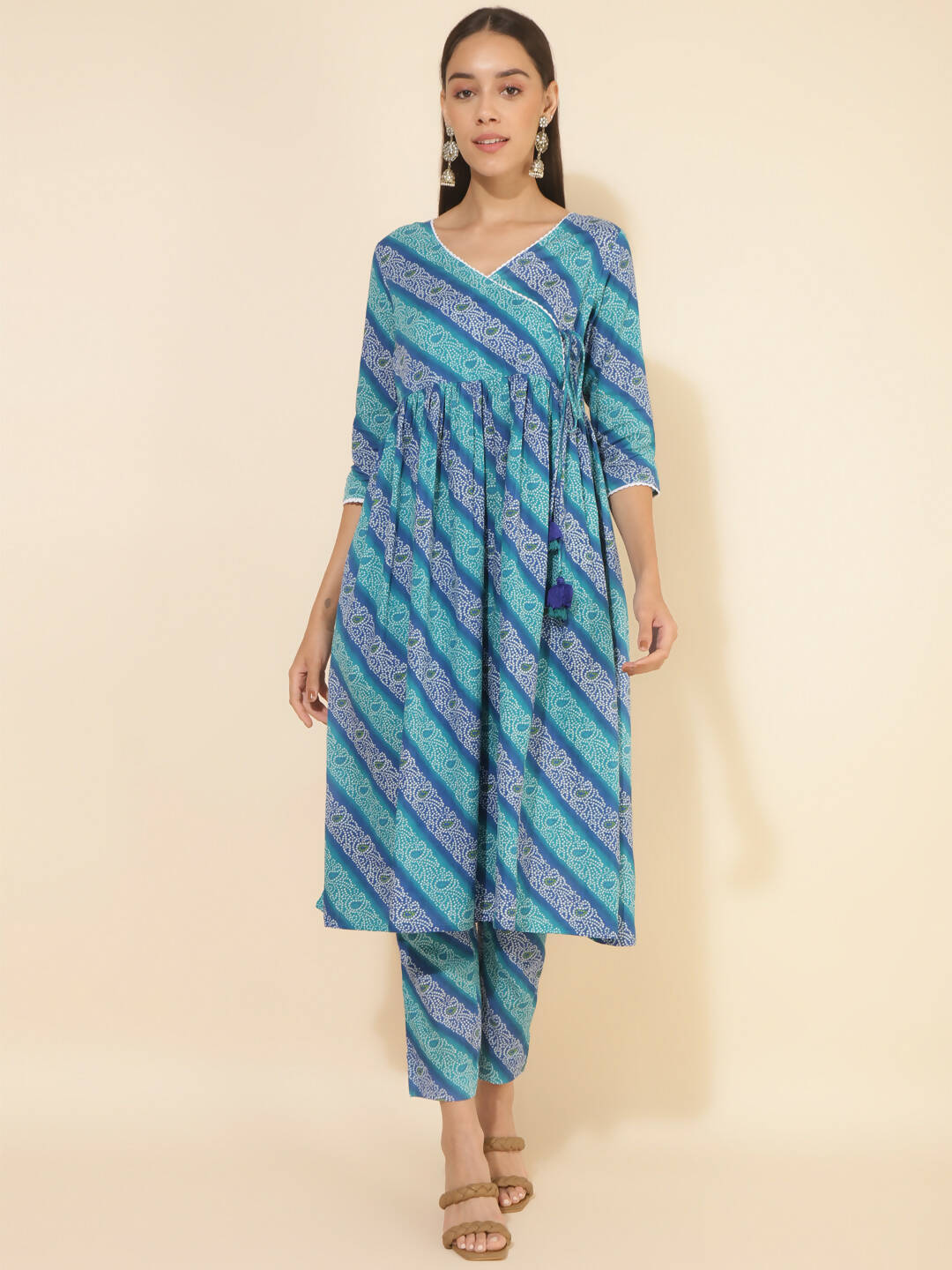 Janasya Women's Blue Cotton Bandhani Printed Casual Angrakha Co-ords